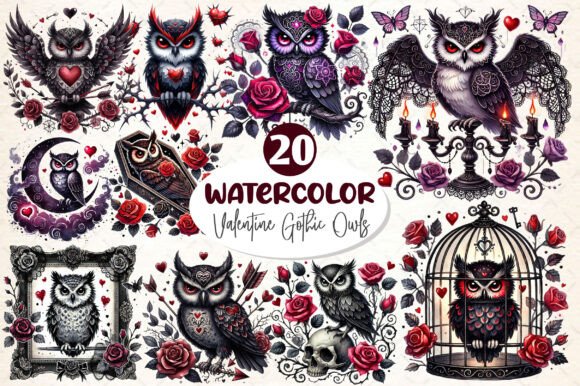 Download Watercolor Valentine Gothic Owls Clipart - Premium Resources