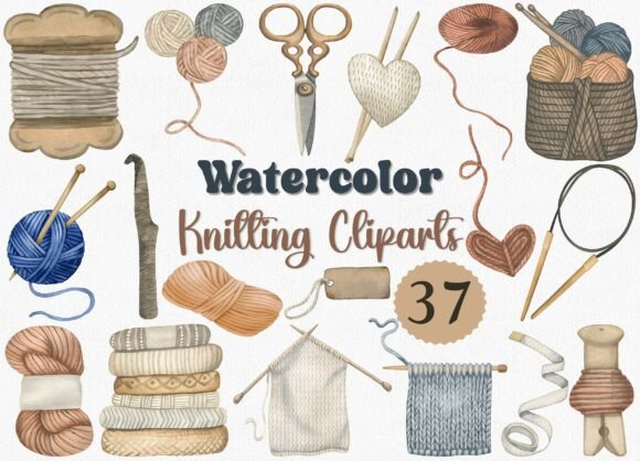Download Watercolor Knitting Clipart Set, 37 PNG - Knitting Collection