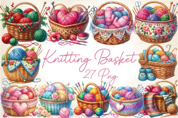 Download Watercolor Knitting Basket Clipart - Knitting Collection