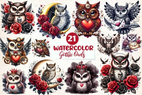 Download Watercolor Valentine Gothic Owls Clipart - Premium Resources