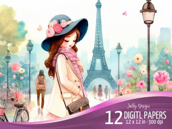 Download Girls in Paris. Digital Paper Designs - Design Collection